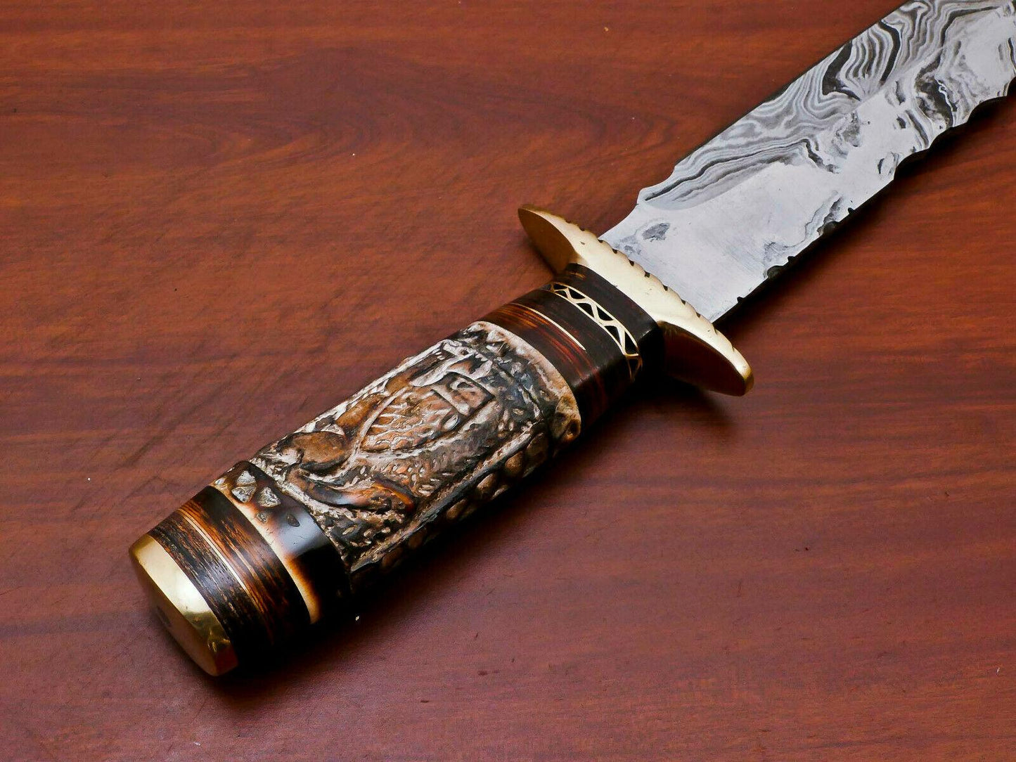 14" Damascus Bowie Knife – Engraved Bone & Pakka Wood Handle | Brass Guard