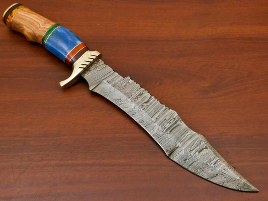 Handmade Damascus Bowie Hunting Knife – Stained Bone & Pakka/Olive Wood Handle, 14"