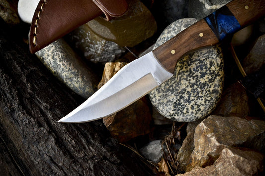 8" AUS-8 Steel Skinner Knife – Mixed Material Handle, Leather Sheath, Fishing Collectible