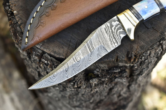 Hot Item Skinner Knife Twist Damascus Bone Brass Guard Outdoor Bushcraft w/ Leather Sheath