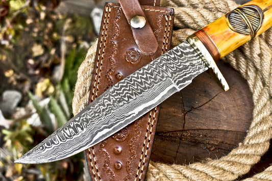 12 Inch Handmade Damascus Steel Bowie Knife with Camel Bone Handle and Brass Guard