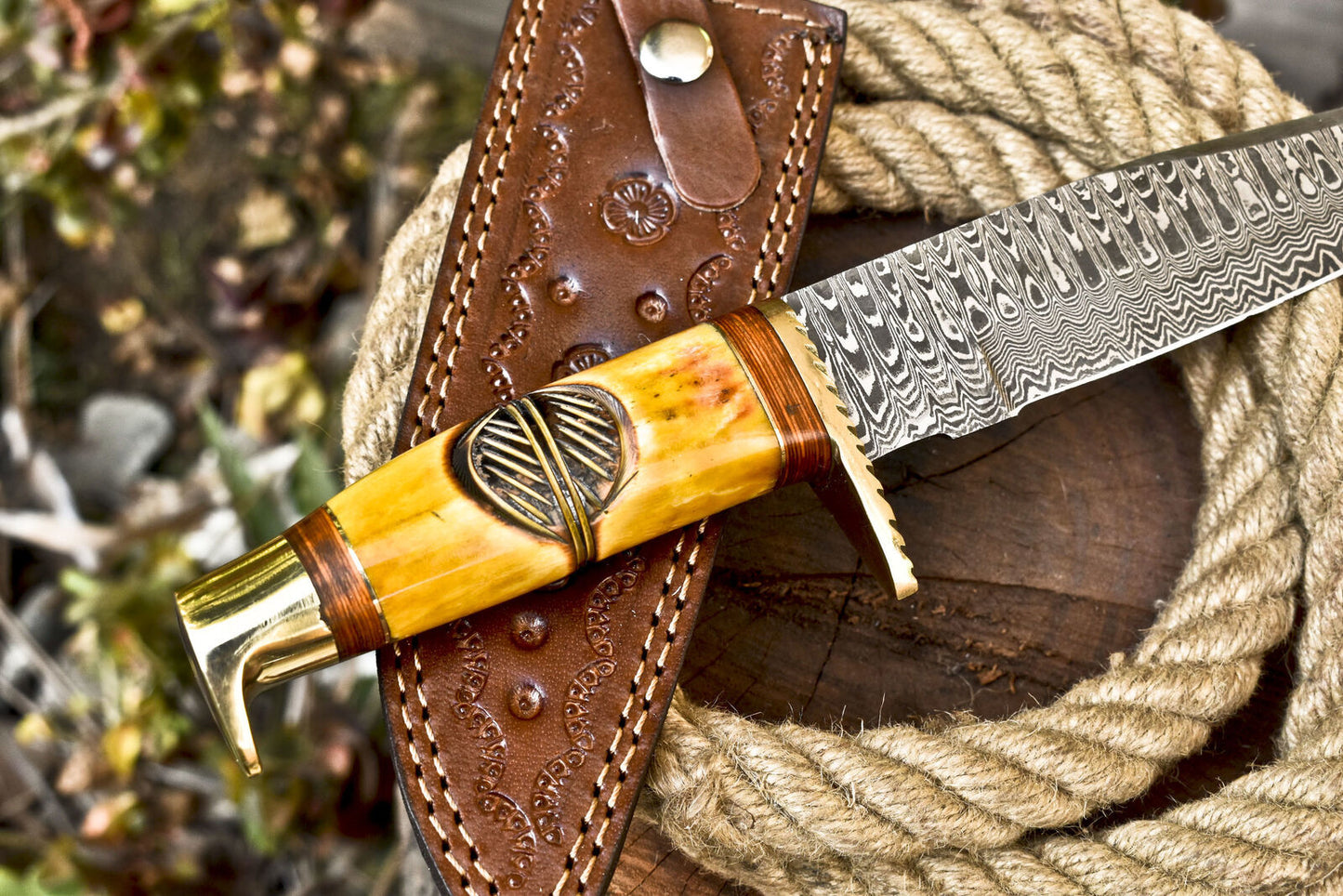 12 Inch Handmade Damascus Steel Bowie Knife with Camel Bone Handle and Brass Guard