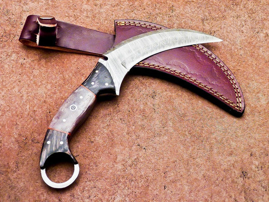 10" Damascus Karambit Knife Full Tang Damascus Steel Knife with Wood and Bone Handle