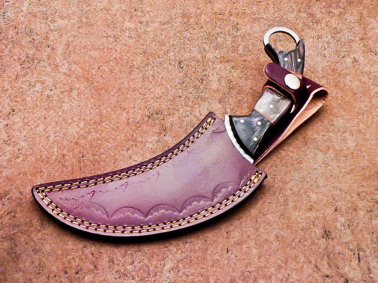 10" Damascus Karambit Knife Full Tang Damascus Steel Knife with Wood and Bone Handle