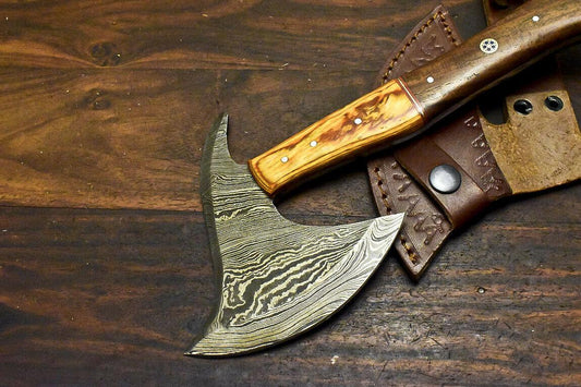 Handmade Damascus Walnut Wood Hunting Clever Chopper Axe Knife with Leather Sheath