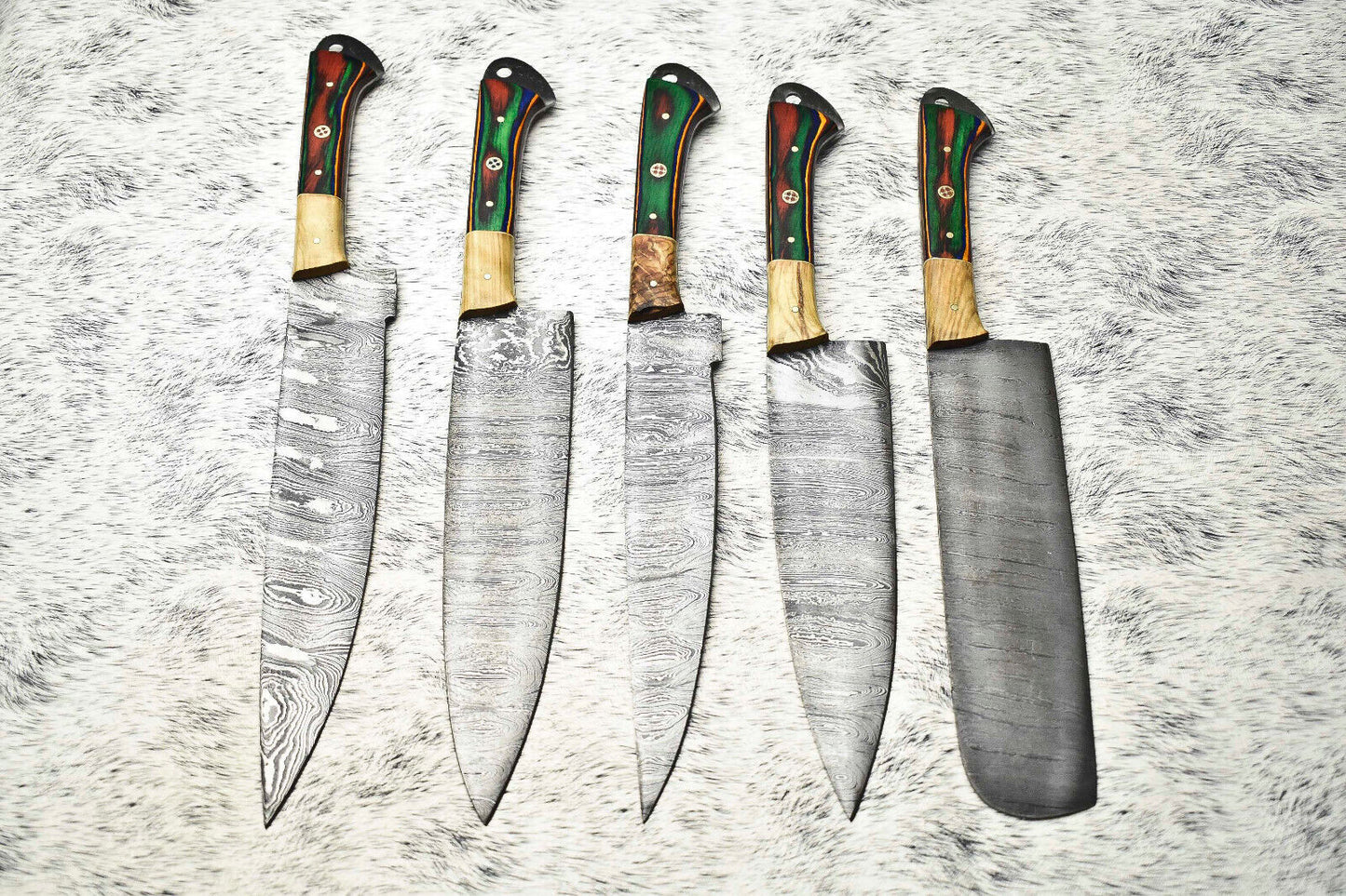 Lot of 5 Handmade Hammered Damascus Steel Chef Knives Set | Custom Kitchen Knife Collection