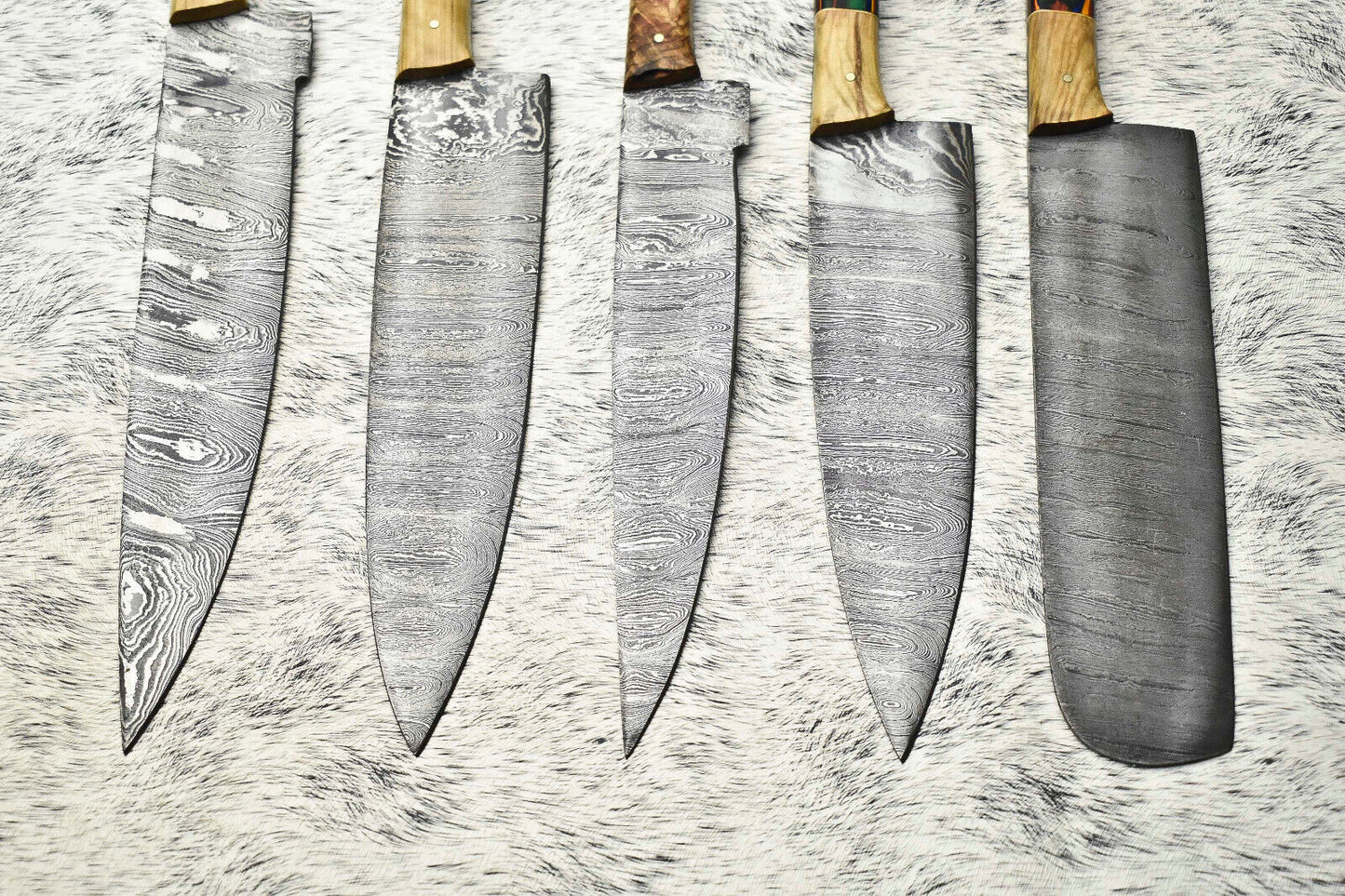 Lot of 5 Handmade Hammered Damascus Steel Chef Knives Set | Custom Kitchen Knife Collection