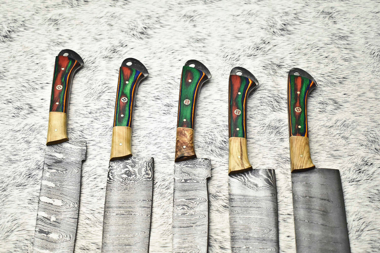 Lot of 5 Handmade Hammered Damascus Steel Chef Knives Set | Custom Kitchen Knife Collection