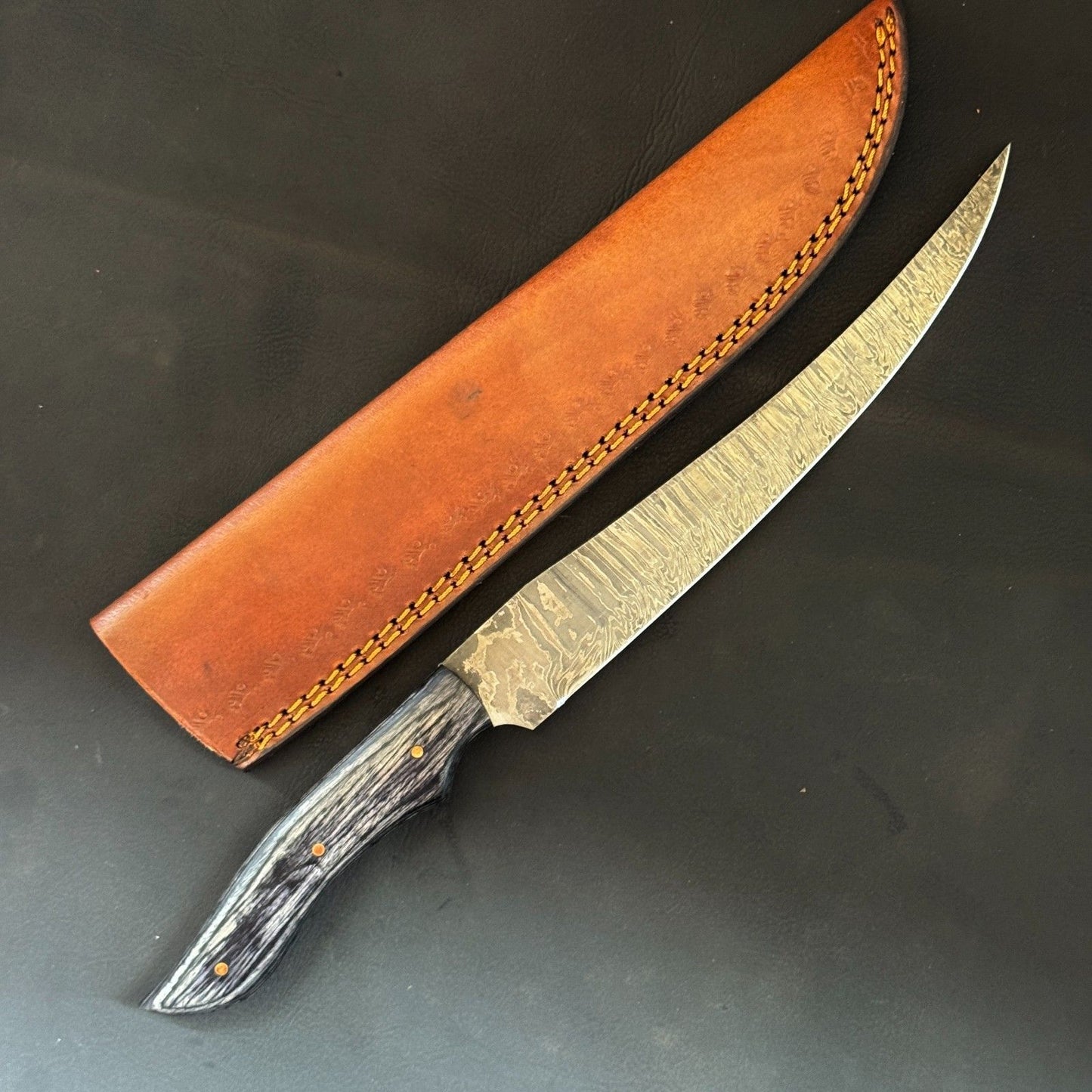 12" Hand Forged Damascus Steel Fillet Knife Kitchen & Fishing Knife With Leather Sheath