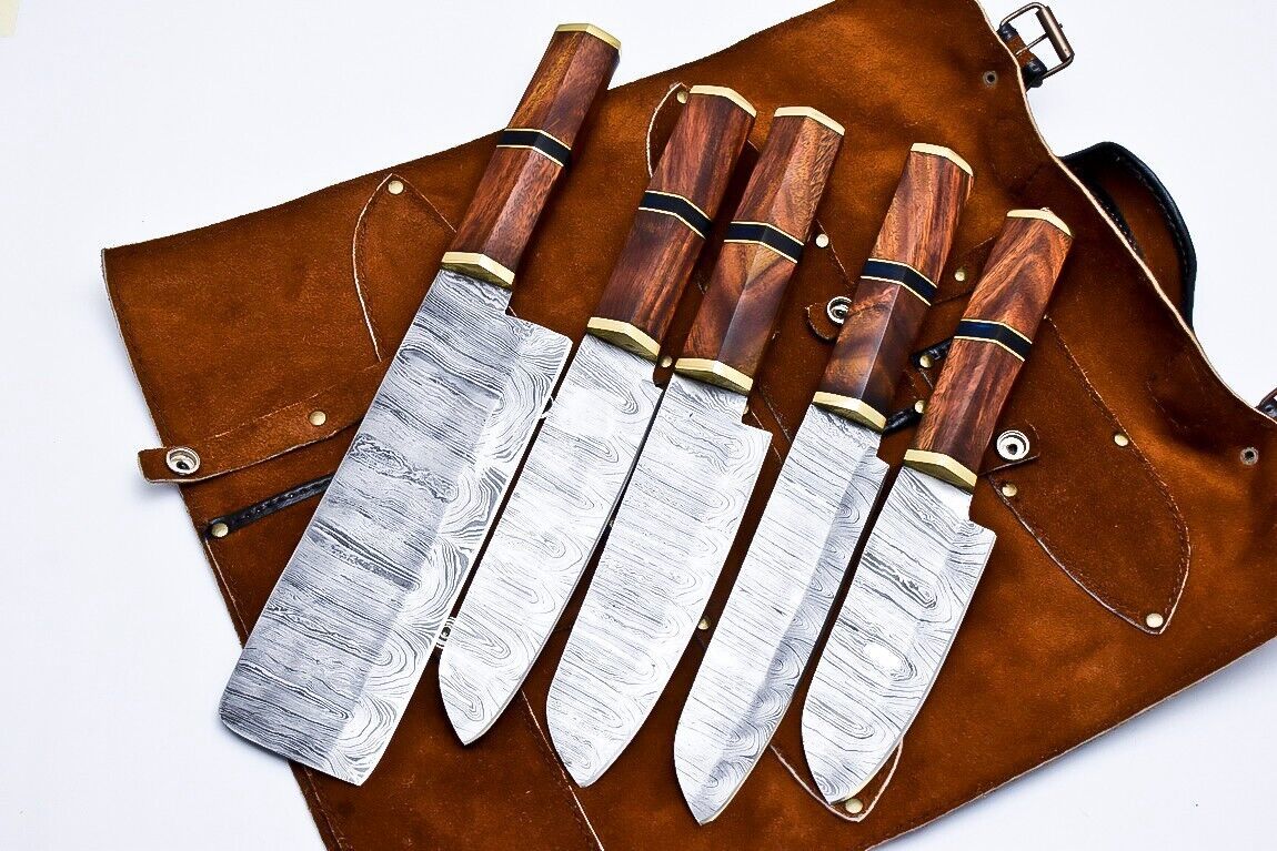 Entire World Handmade Damascus Chef Knife Set – Lot of 5 Kitchen Knives with Wood Handles & Leather Sheath