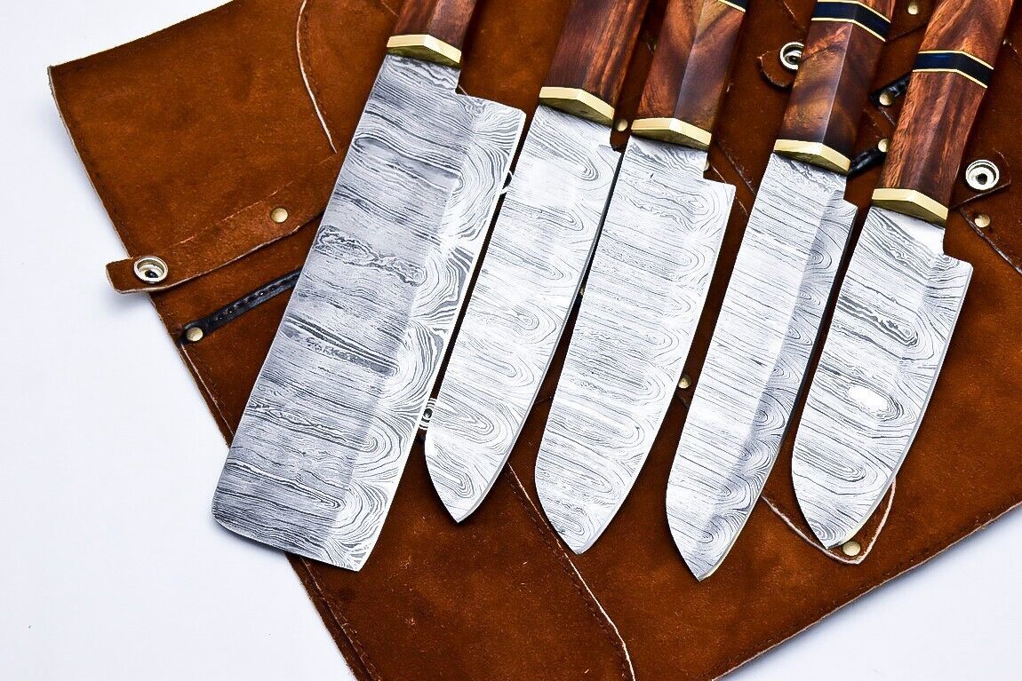 Entire World Handmade Damascus Chef Knife Set – Lot of 5 Kitchen Knives with Wood Handles & Leather Sheath
