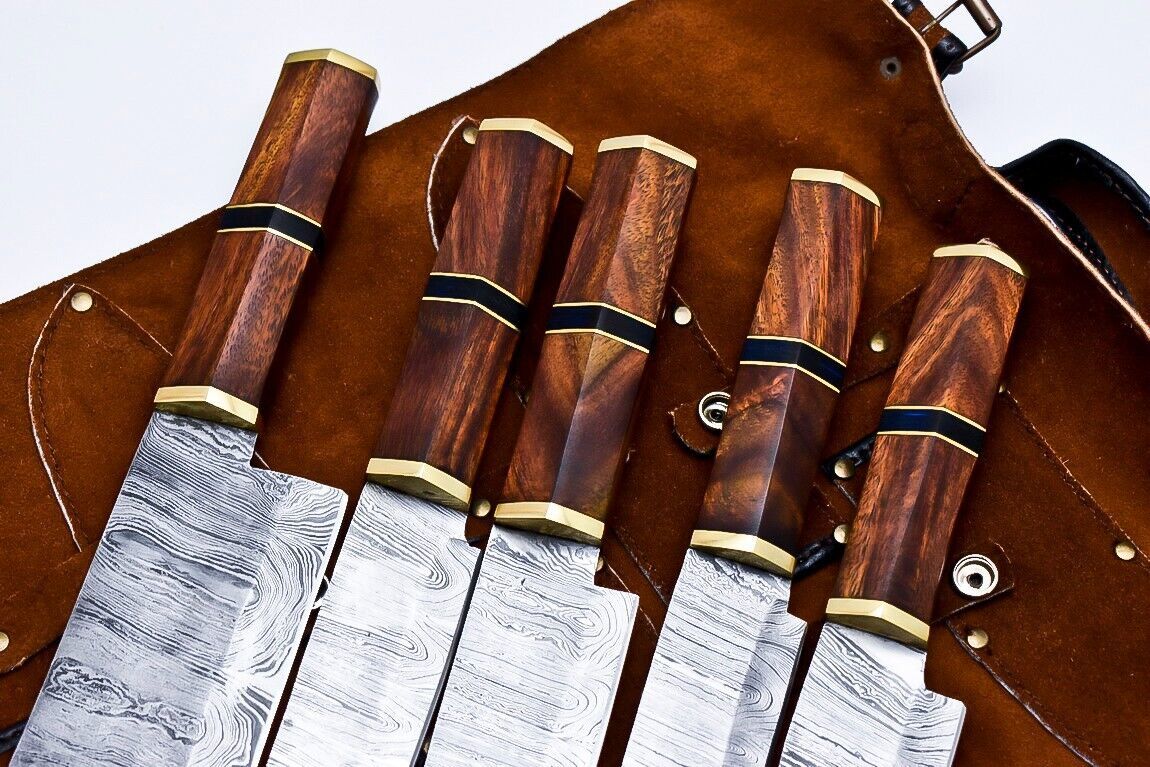 Entire World Handmade Damascus Chef Knife Set – Lot of 5 Kitchen Knives with Wood Handles & Leather Sheath