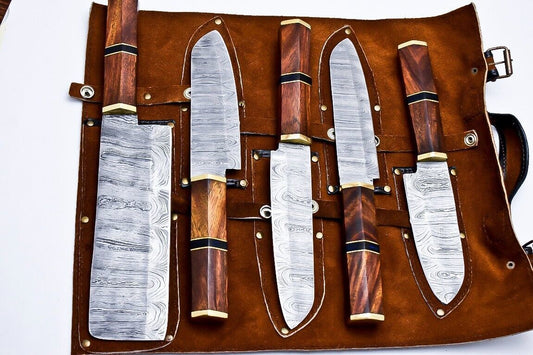 Entire World Handmade Damascus Chef Knife Set – Lot of 5 Kitchen Knives with Wood Handles & Leather Sheath