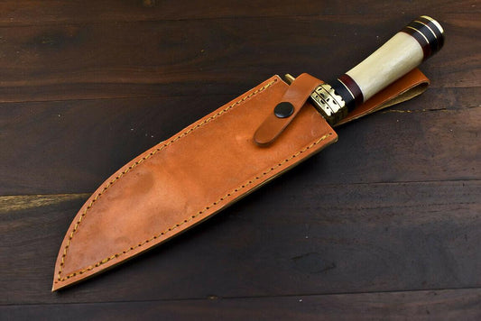 12.6" Damascus Steel Bowie Knife with Camel Bone Handle – Handmade Gift Edition