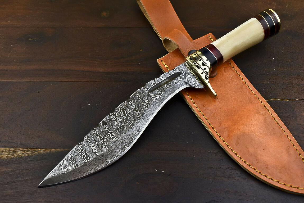 12.6" Damascus Steel Bowie Knife with Camel Bone Handle – Handmade Gift Edition