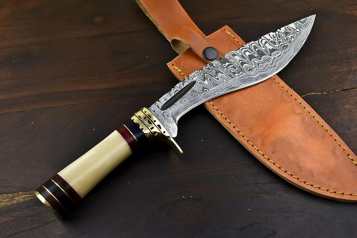 12.6" Damascus Steel Bowie Knife with Camel Bone Handle – Handmade Gift Edition