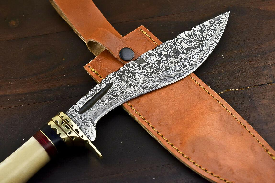 12.6" Damascus Steel Bowie Knife with Camel Bone Handle – Handmade Gift Edition