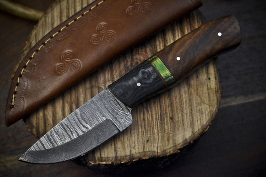 7.5" Twist Damascus Skinner Knife with Walnut Wood Handle for Camping & Survival