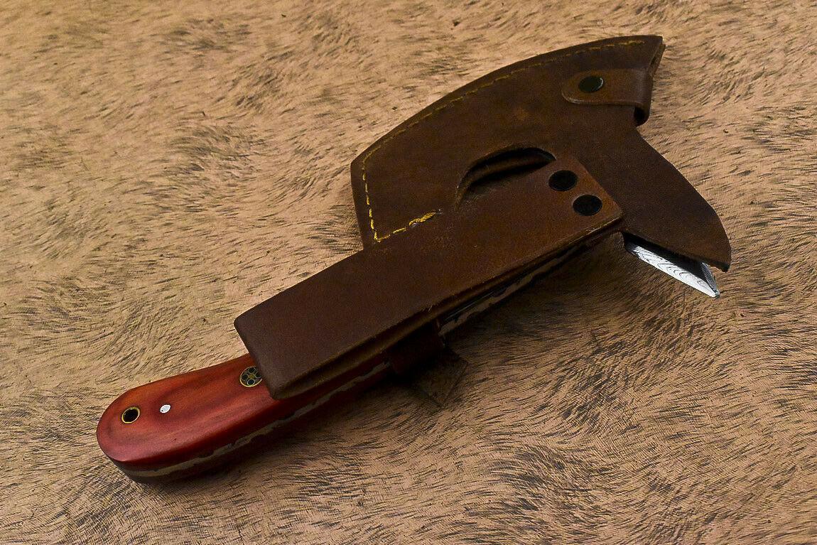 Handmade Damascus Steel Hardwood Clever Chopper Axe Knife with Leather Sheath