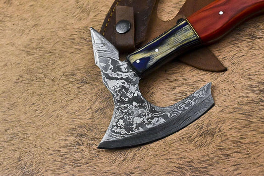 Handmade Damascus Steel Hardwood Clever Chopper Axe Knife with Leather Sheath