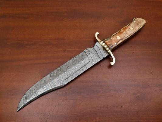 15.5" Handmade Damascus Clip Point Bowie Knife with Brass Guard & Pakka Wood Handle