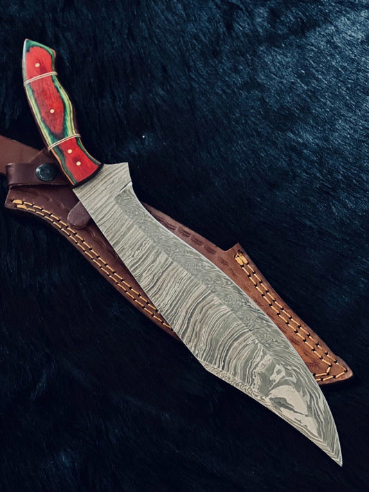 16" Twist Damascus Kukri Knife – Camel Bone & Wood Handle with Brass Spacers