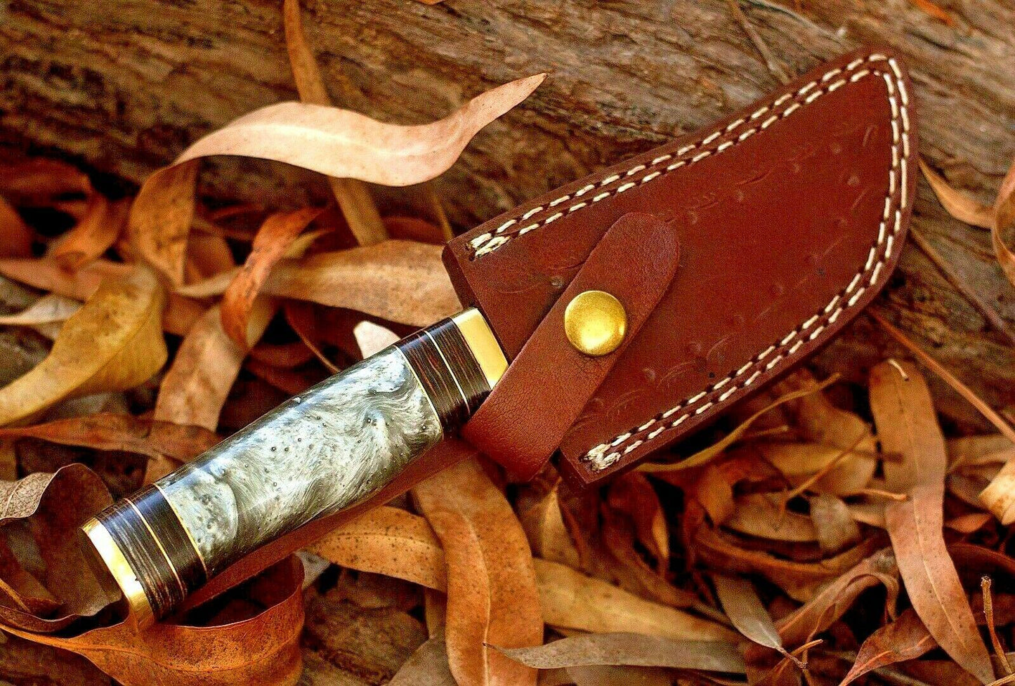 8" Hand Forged Knife Damascus Bowie Knife With Resin Handle & Brass Guard