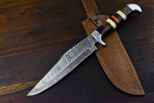 15" Damascus Bowie Knife Damascus Steel Knife with Walnut Wood Handle & Leather Sheath
