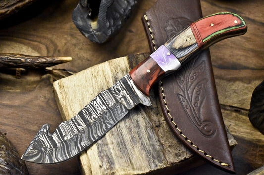Forged Twist Damascus Skinner Knife with Gut Hook and Hard Wood Handle for Camping