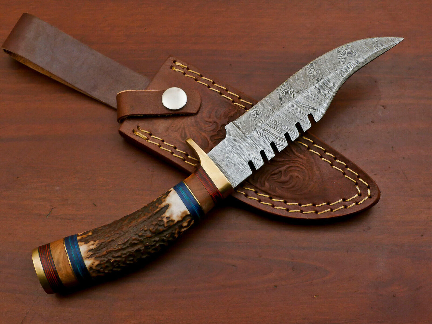 Handmade Damascus Stag Antler Bowie Hunting Knife – Brass Guard – 15"