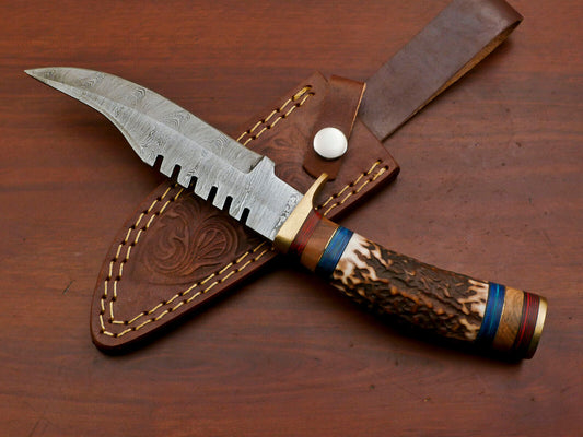 Handmade Damascus Stag Antler Bowie Hunting Knife – Brass Guard – 15"