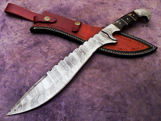 Heritage Forge 17 Inch Damascus Steel Bowie Knife with Wood Handle and Leather Sheath