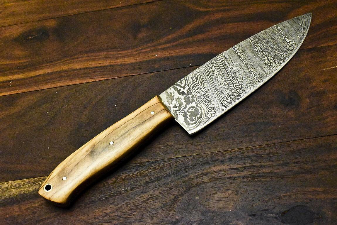 Hand Forged Damascus Steel Hunting & Chef Knife with Olive Wood Handle | 10.5" Overall, 5.5" Blade
