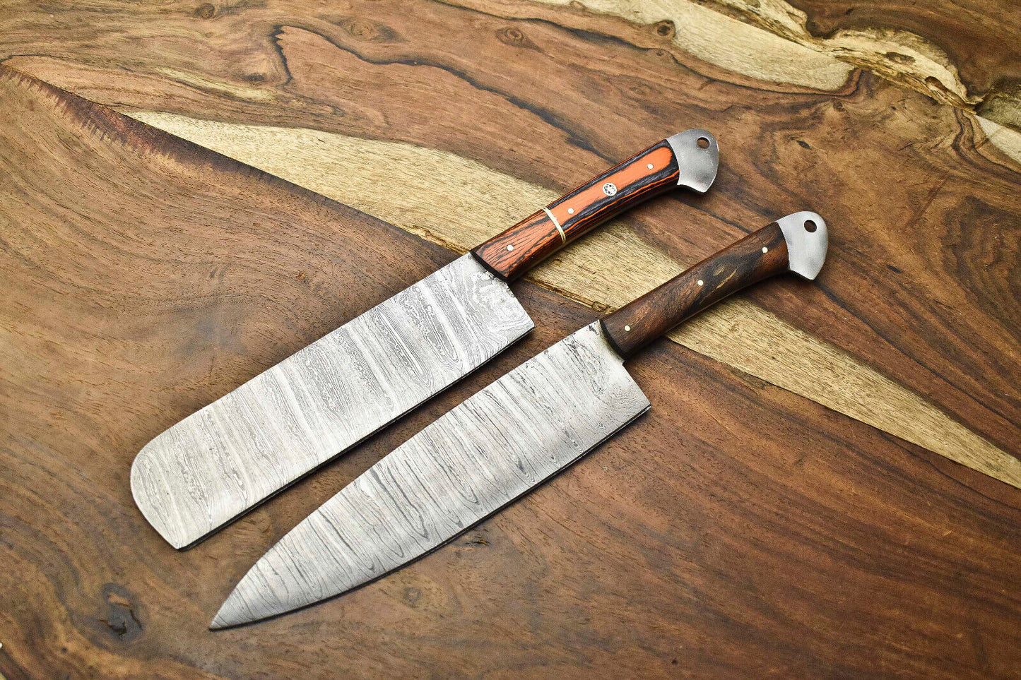 Lot of 2 Handmade Damascus Steel Full Tang Chef Knives Set – Custom Forged Kitchen Cutlery