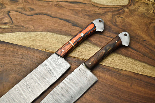 Lot of 2 Handmade Damascus Steel Full Tang Chef Knives Set – Custom Forged Kitchen Cutlery