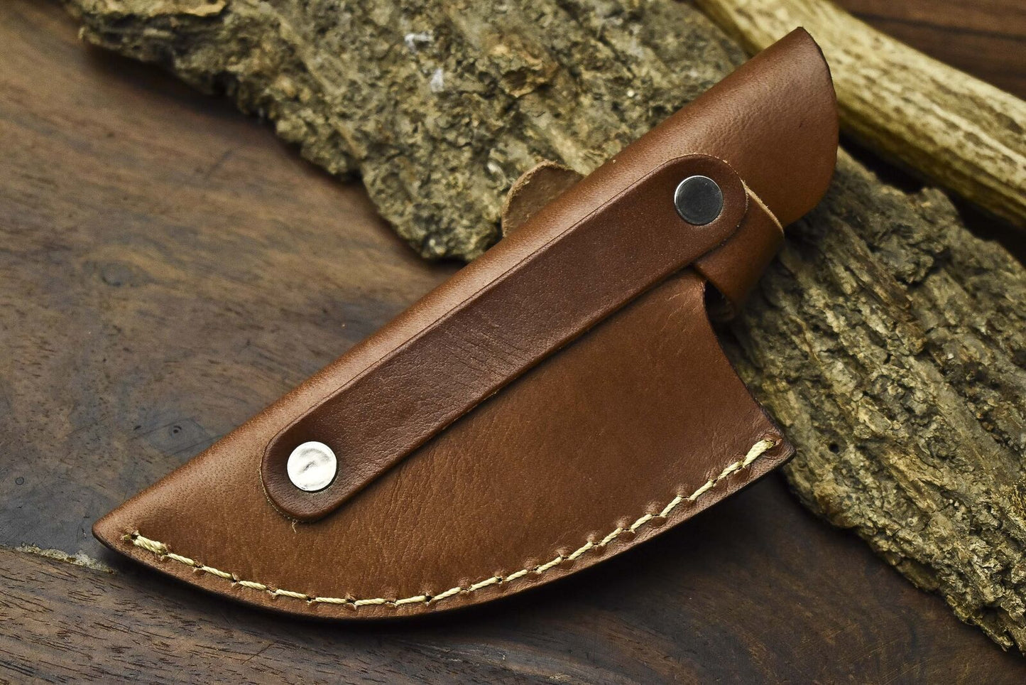Rain Drop Damascus Skinner Knife with Walnut Wood Handle and Damascus Bolster – Handmade Tactical Blade