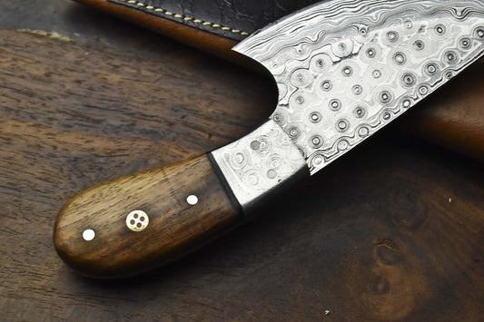 Rain Drop Damascus Skinner Knife with Walnut Wood Handle and Damascus Bolster – Handmade Tactical Blade