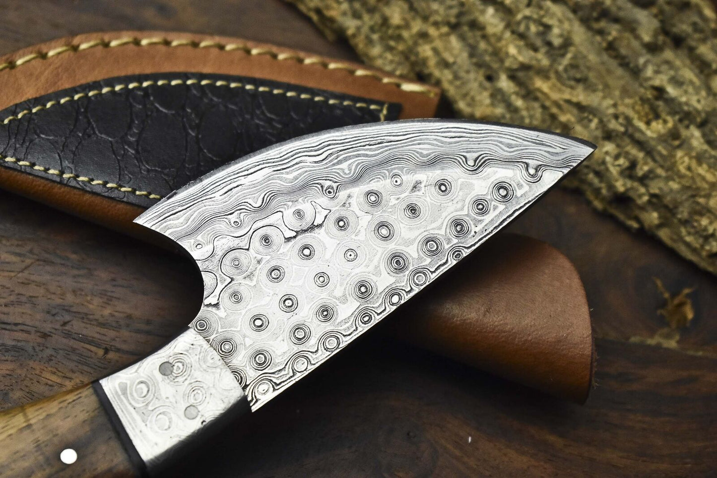 Rain Drop Damascus Skinner Knife with Walnut Wood Handle and Damascus Bolster – Handmade Tactical Blade