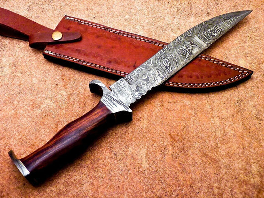 15.5" Handmade Damascus Bowie Knife – Hardwood Handle & Damascus Bolster