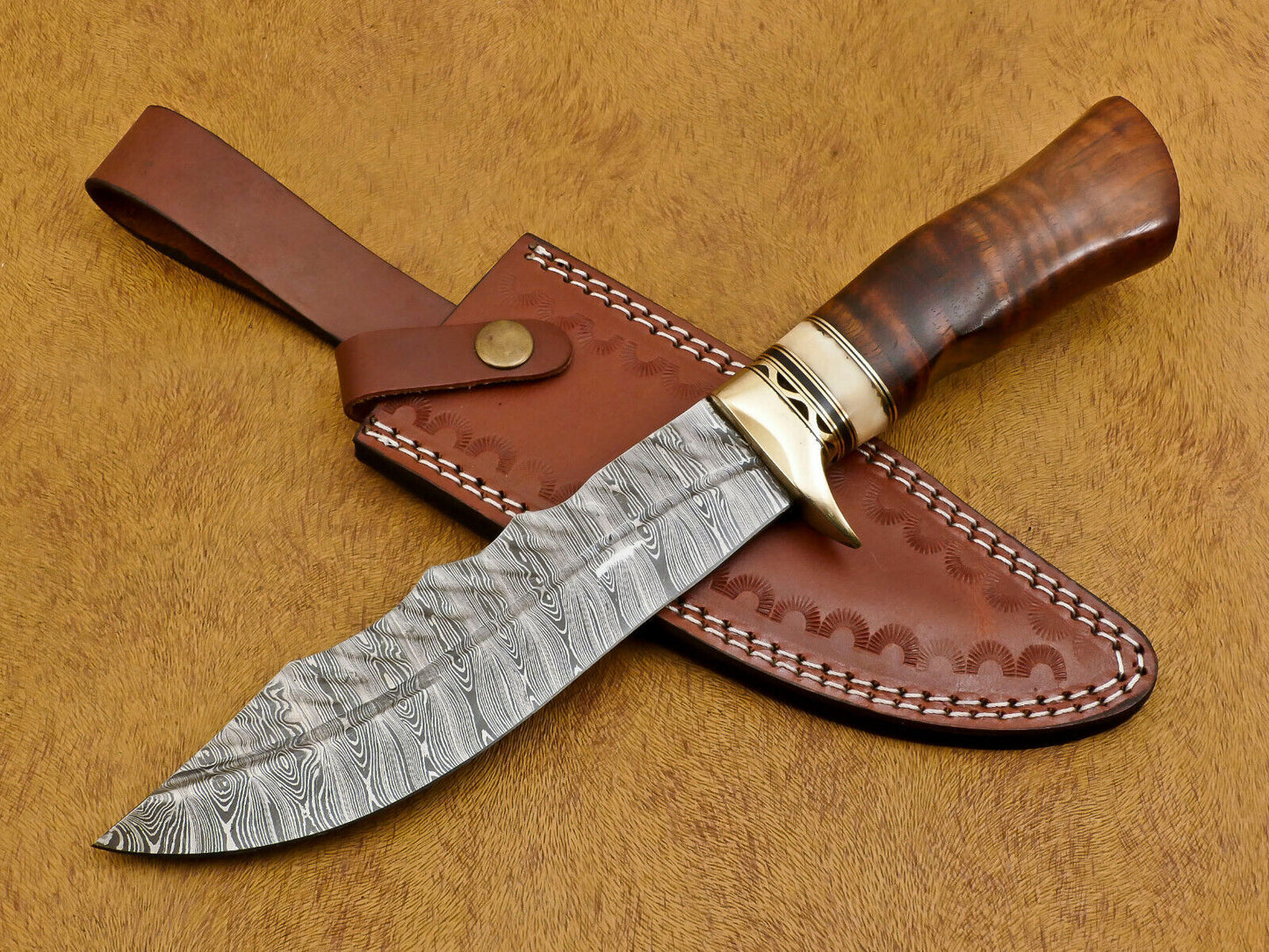 12" Damascus Bowie Hunting Knife – Camel Bone & Rosewood Handle with Brass Guard