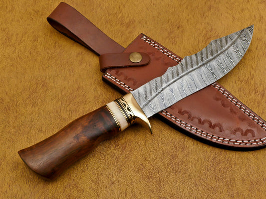 12" Damascus Bowie Hunting Knife – Camel Bone & Rosewood Handle with Brass Guard