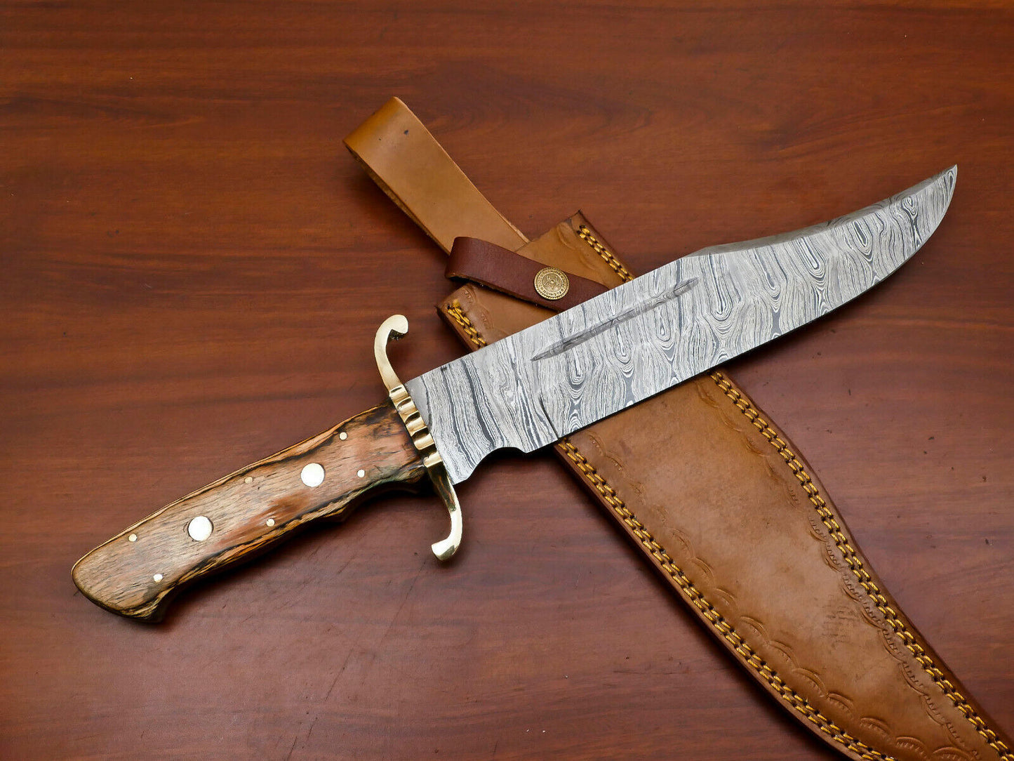 Custom Handmade Damascus Clip Point Bowie Hunting Knife – Brass Guard