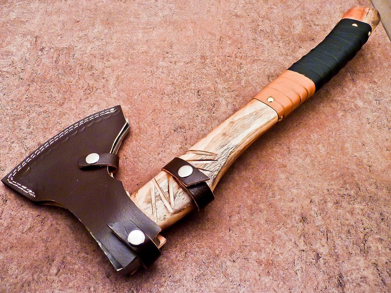 Forged Carbon Steel Viking Bearded Camping Axe with Rose Wood Shaft and Leather Sheath