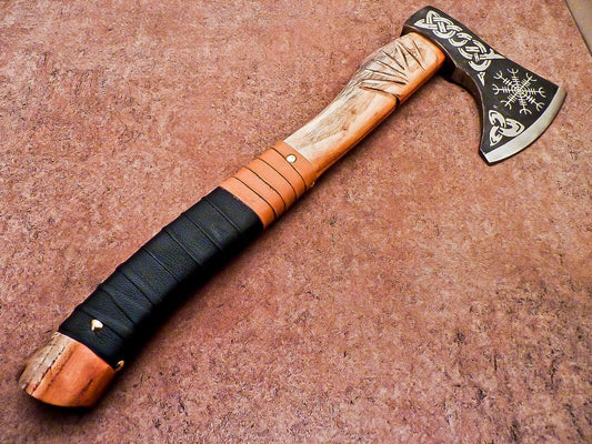 Forged Carbon Steel Viking Bearded Camping Axe with Rose Wood Shaft and Leather Sheath