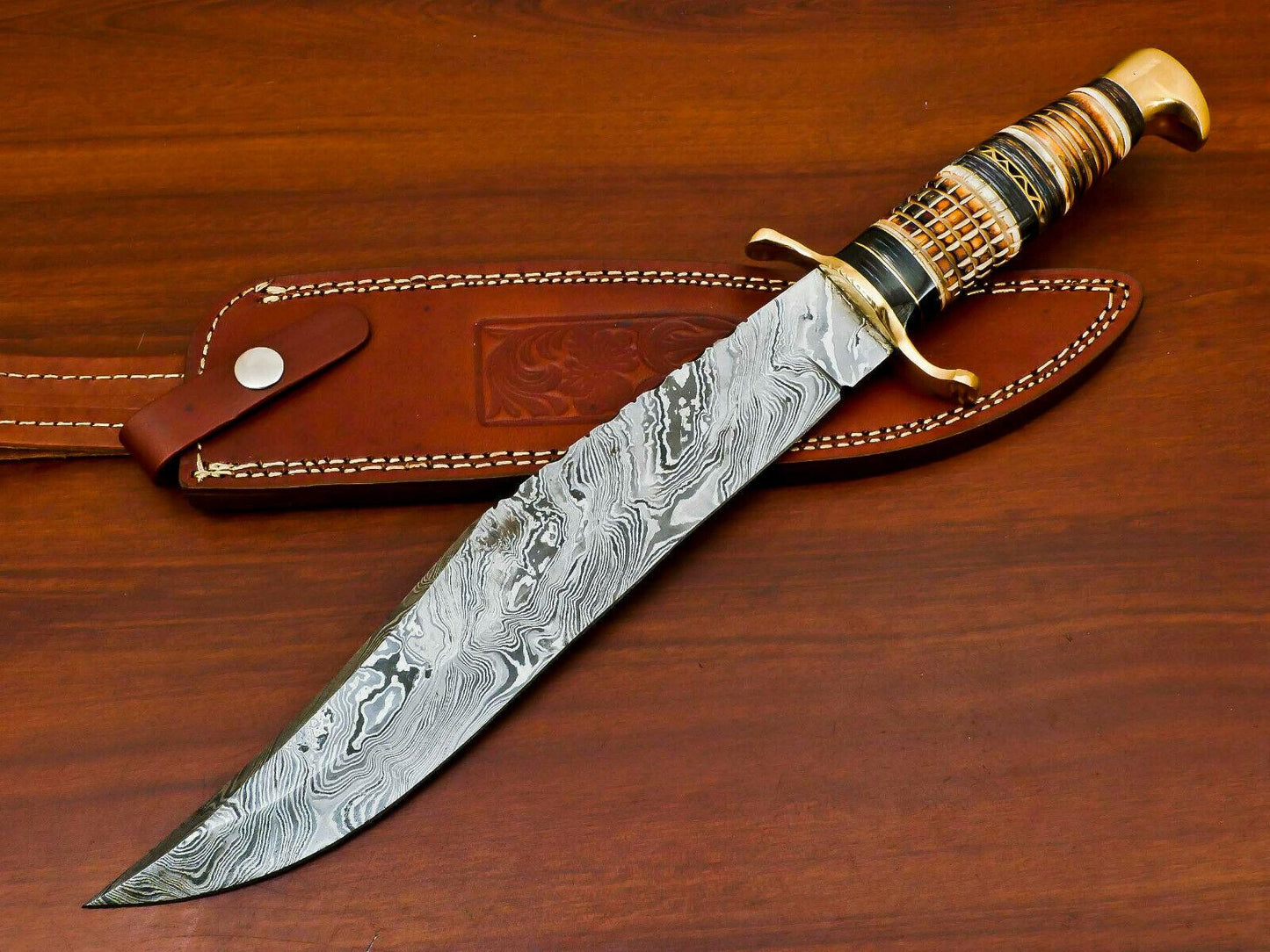 16.5" Damascus Bowie Knife – Burn Camel Bone & Pakka Wood | Brass Pommel