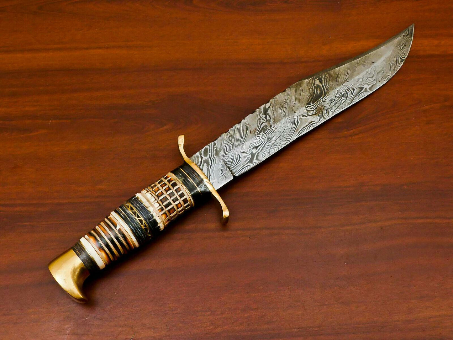 16.5" Damascus Bowie Knife – Burn Camel Bone & Pakka Wood | Brass Pommel