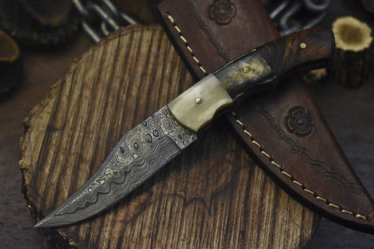 Forged Rain Drop Damascus Skinner Knife with Hard Wood Handle for Outdoor Hunting