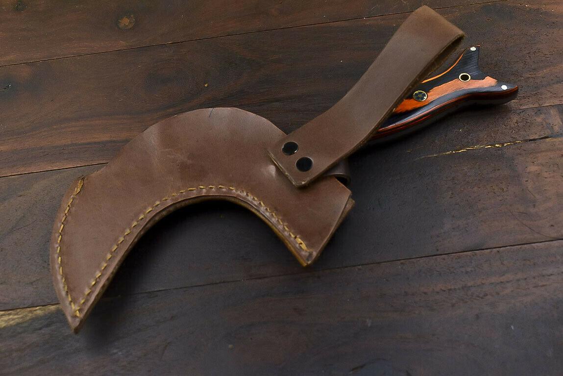 Custom Handmade Damascus Steel Axe Clever Chopper Hunting Knife Hard Wood Handle with Leather Sheath