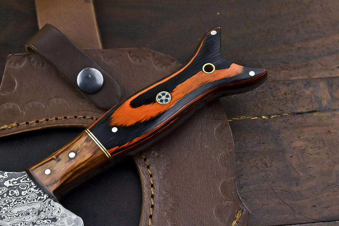 Custom Handmade Damascus Steel Axe Clever Chopper Hunting Knife Hard Wood Handle with Leather Sheath