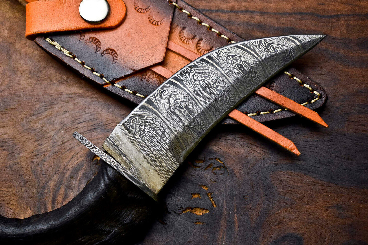 8 Inch Handmade Damascus Hunting Knife with Ram's Horn Handle by Heritage Forge